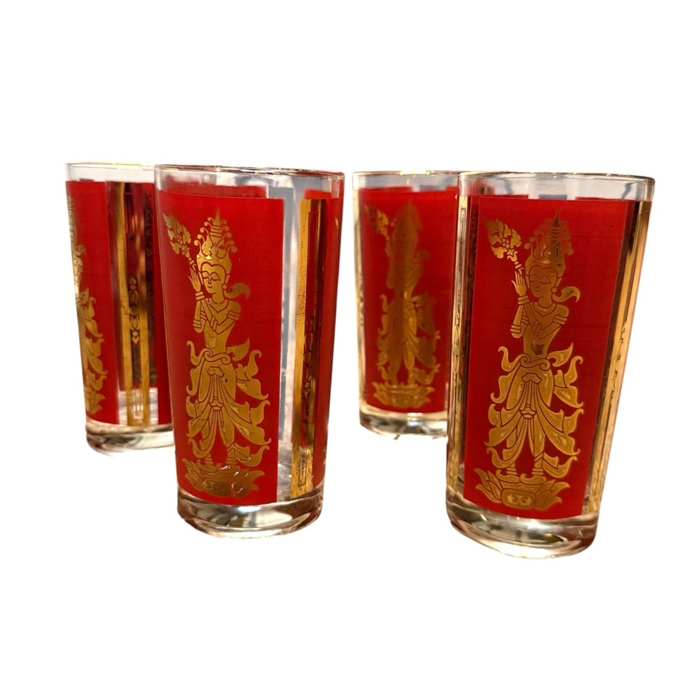 Vintage Red & Gold Thai Goddess Glasses Set of 4 Mid Century Oriental Barware